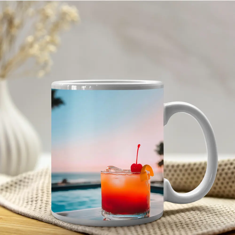 Tropical Cocktail Sunset Ocean Pool View – Mugs