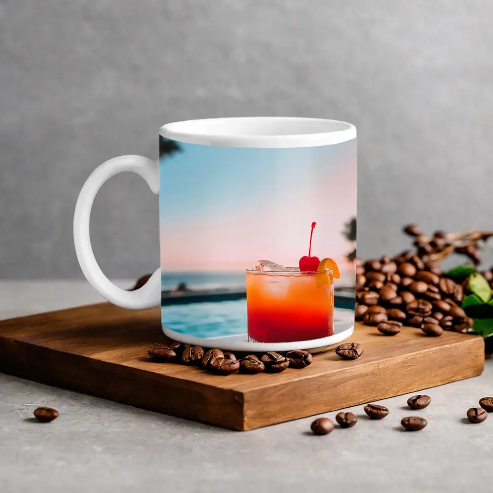 Tropical Cocktail Sunset Ocean Pool View – Mugs