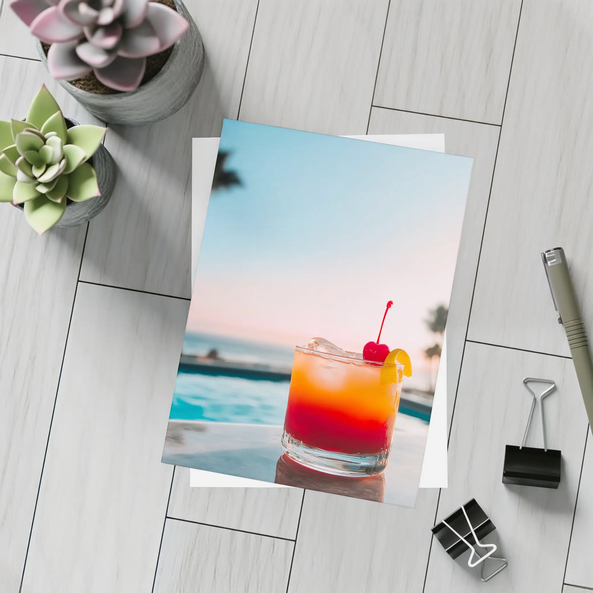 Tropical Cocktail Sunset Ocean Pool View – Postcards