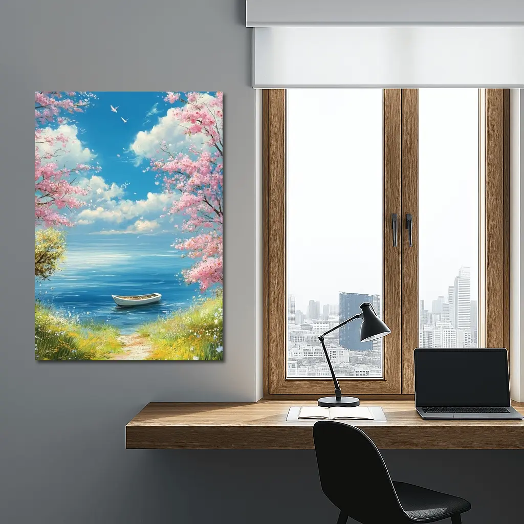 Cherry Blossom Trees Boat Peaceful Ocean View – Wall Art