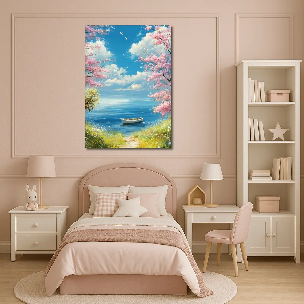 Cherry Blossom Trees Boat Peaceful Ocean View – Wall Art