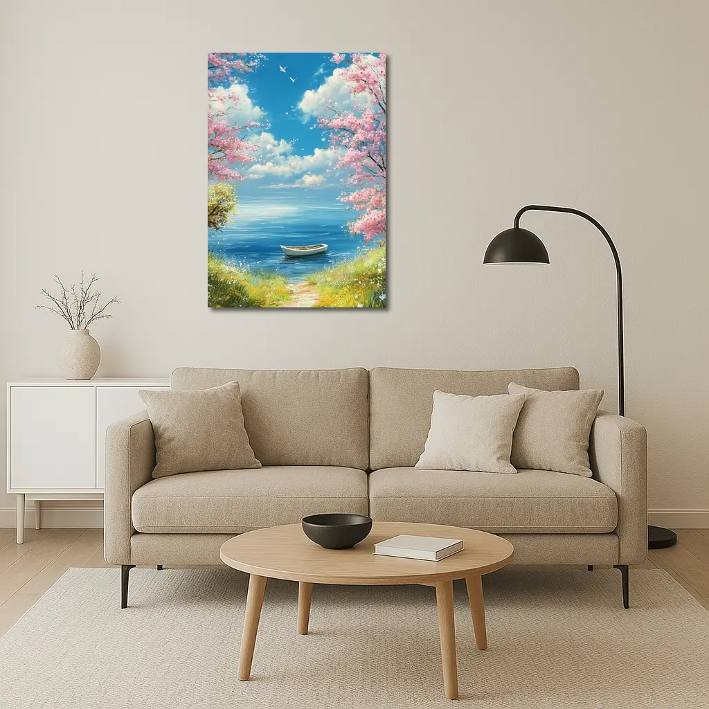 Cherry Blossom Trees Boat Peaceful Ocean View – Wall Art