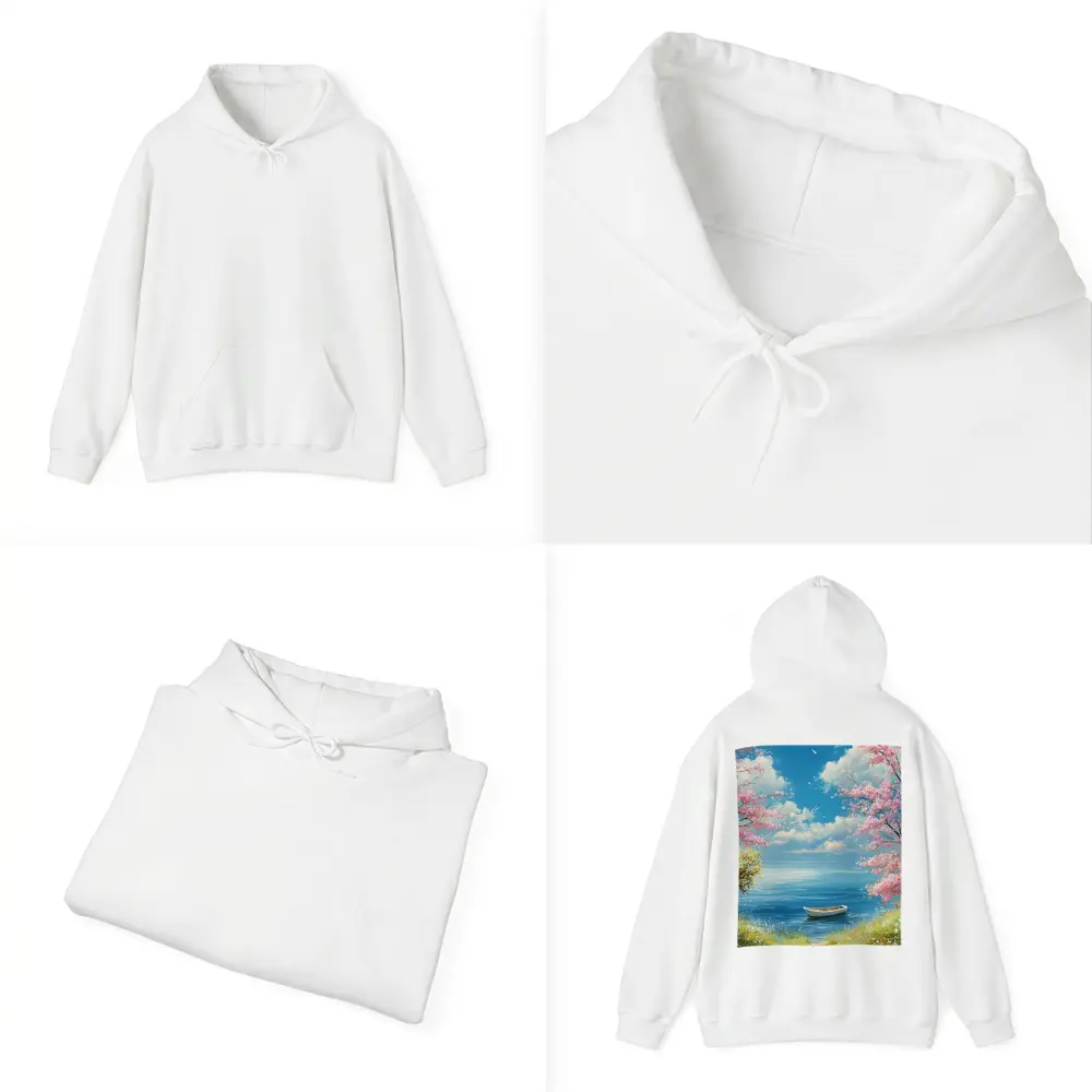 Cherry Blossom Trees Boat Peaceful Ocean View – Hoodies