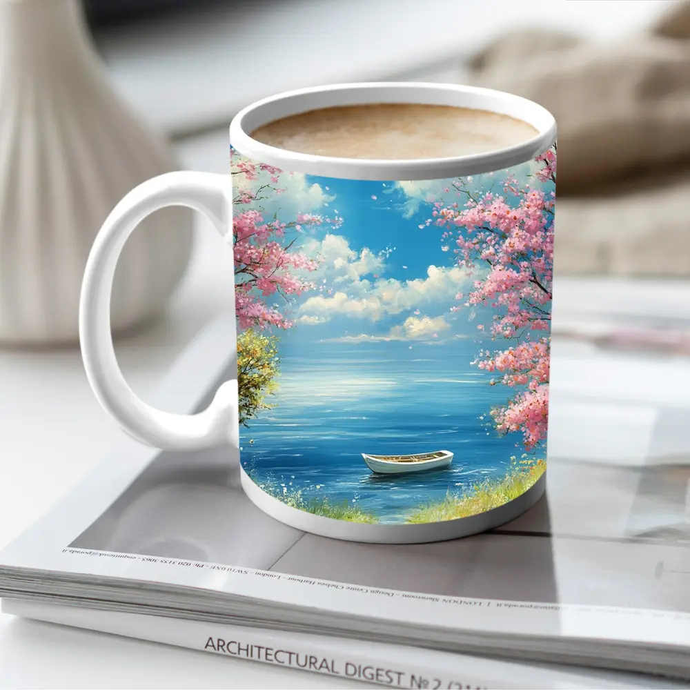 Cherry Blossom Trees Boat Peaceful Ocean View – Mugs