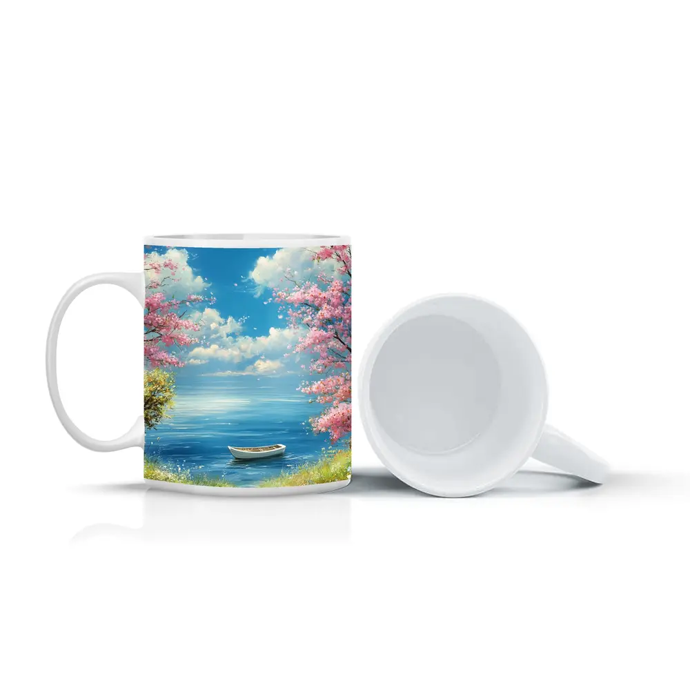 Cherry Blossom Trees Boat Peaceful Ocean View – Mugs