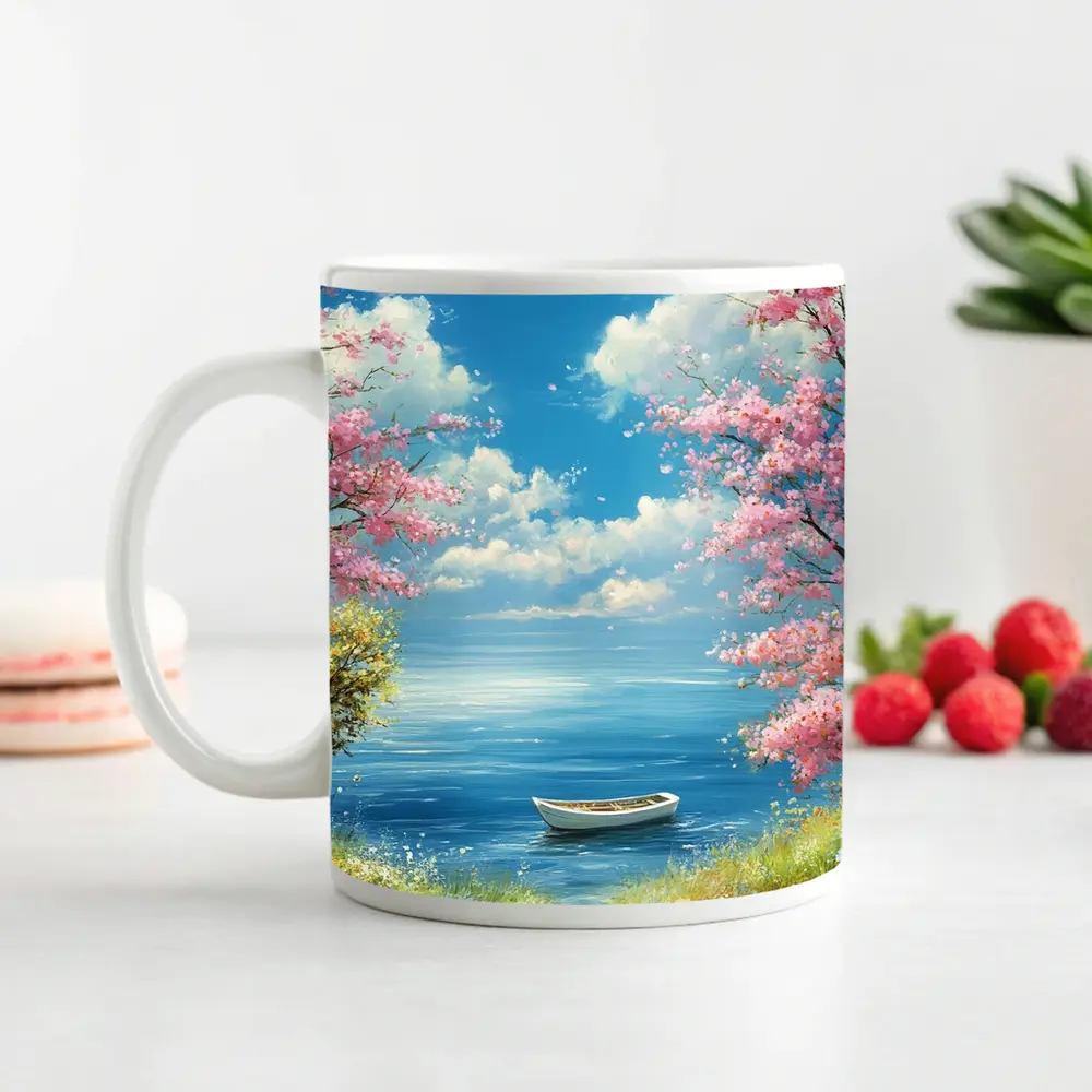 Cherry Blossom Trees Boat Peaceful Ocean View – Mugs