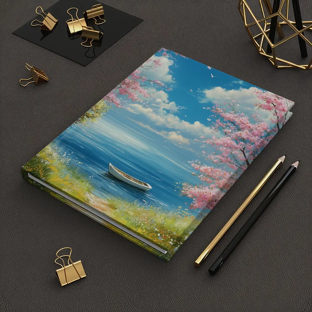 Cherry Blossom Trees Boat Peaceful Ocean View – Notebooks