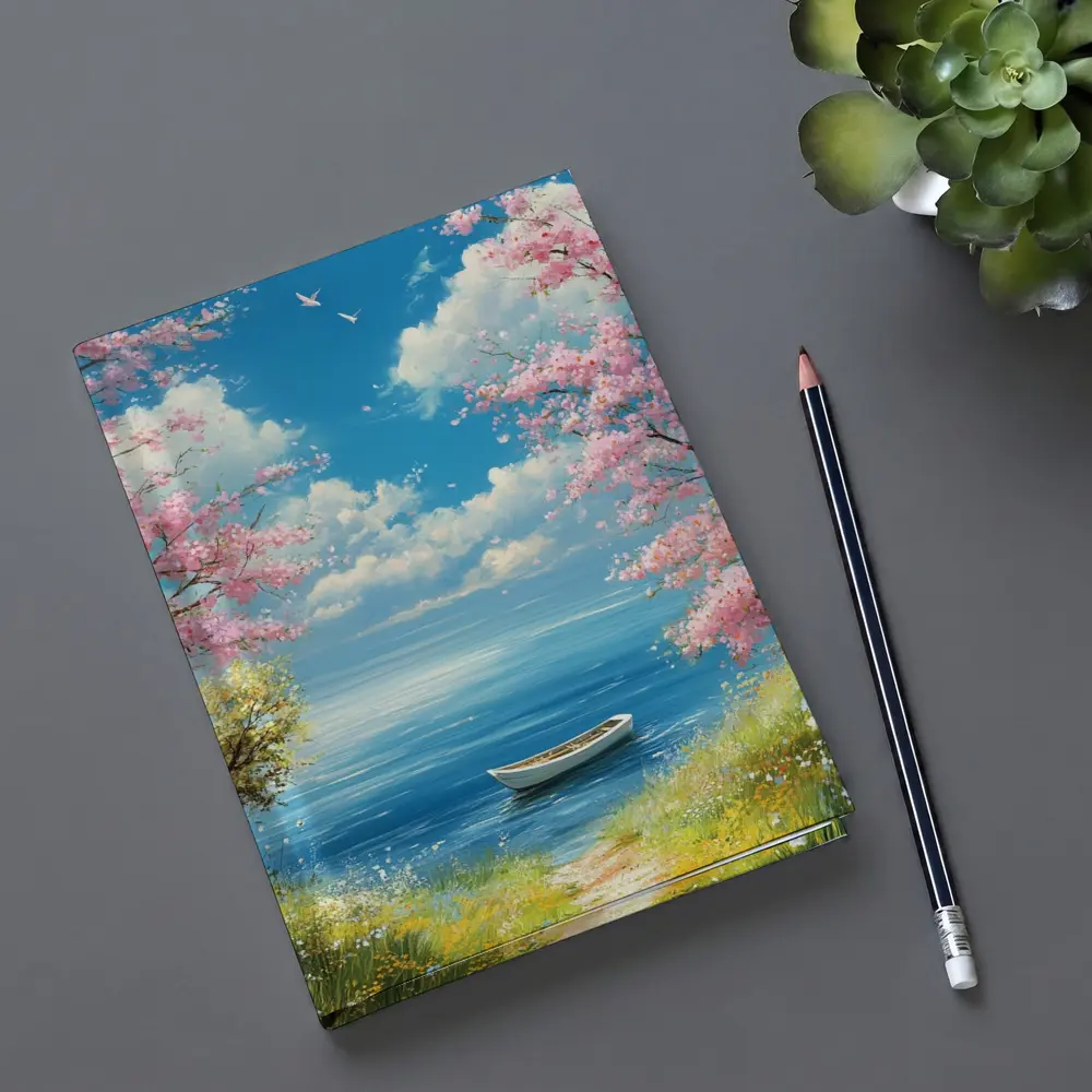 Cherry Blossom Trees Boat Peaceful Ocean View – Notebooks