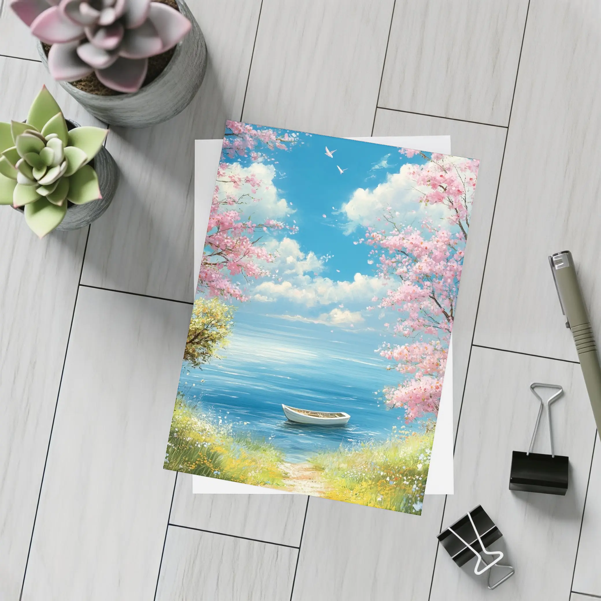 Cherry Blossom Trees Boat Peaceful Ocean View – Postcards