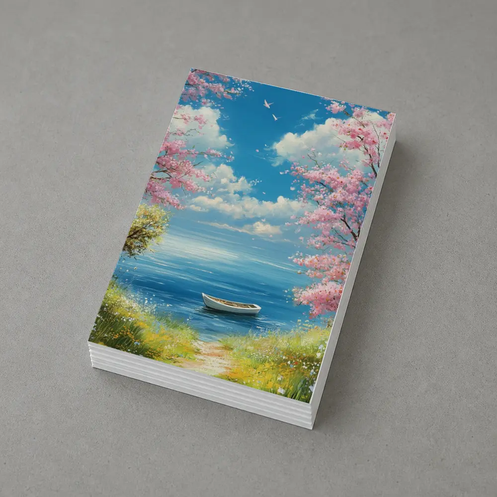 Cherry Blossom Trees Boat Peaceful Ocean View – Postcards