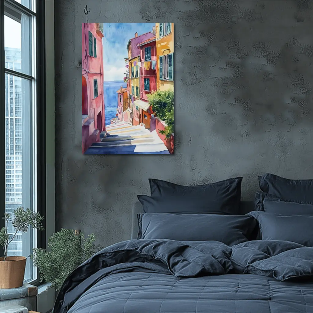 Italian Coastal Village Watercolor Street Scene – Wall Art