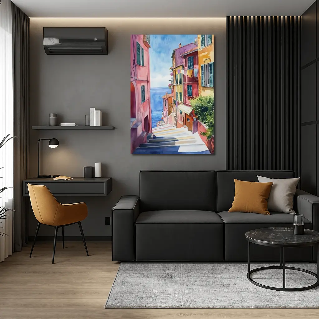 Italian Coastal Village Watercolor Street Scene – Wall Art