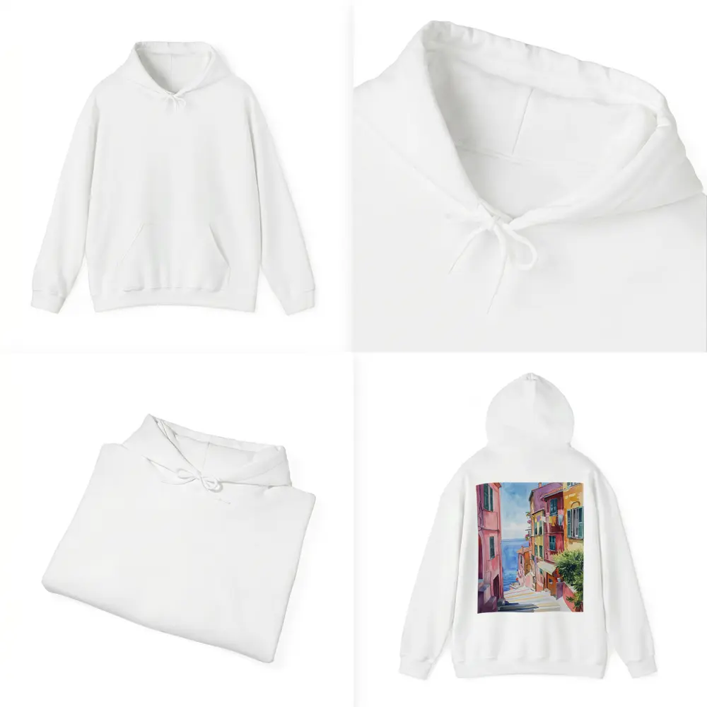 Italian Coastal Village Watercolor Street Scene – Hoodies