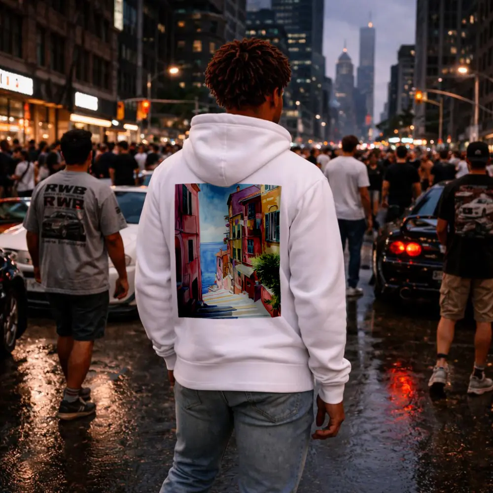 Italian Coastal Village Watercolor Street Scene – Hoodies
