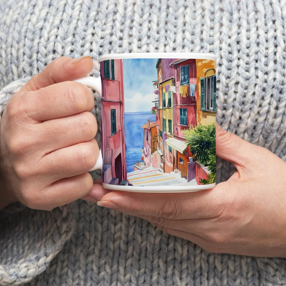 Italian Coastal Village Watercolor Street Scene – Mugs