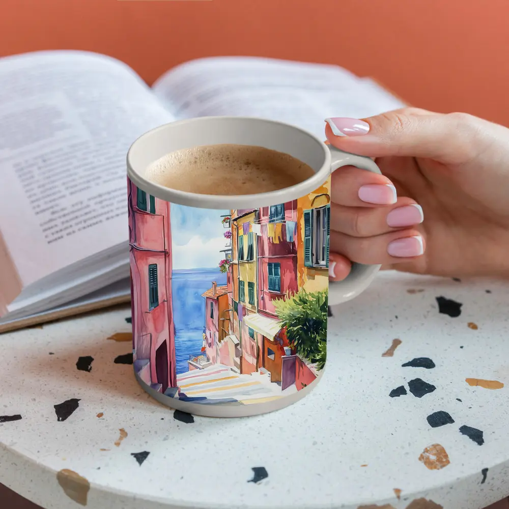 Italian Coastal Village Watercolor Street Scene – Mugs