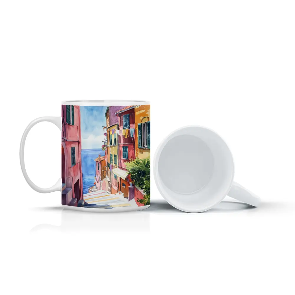 Italian Coastal Village Watercolor Street Scene – Mugs