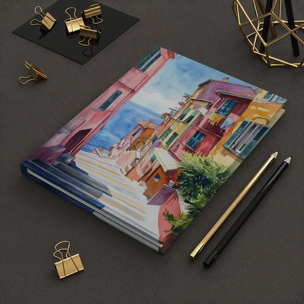 Italian Coastal Village Watercolor Street Scene – Notebooks