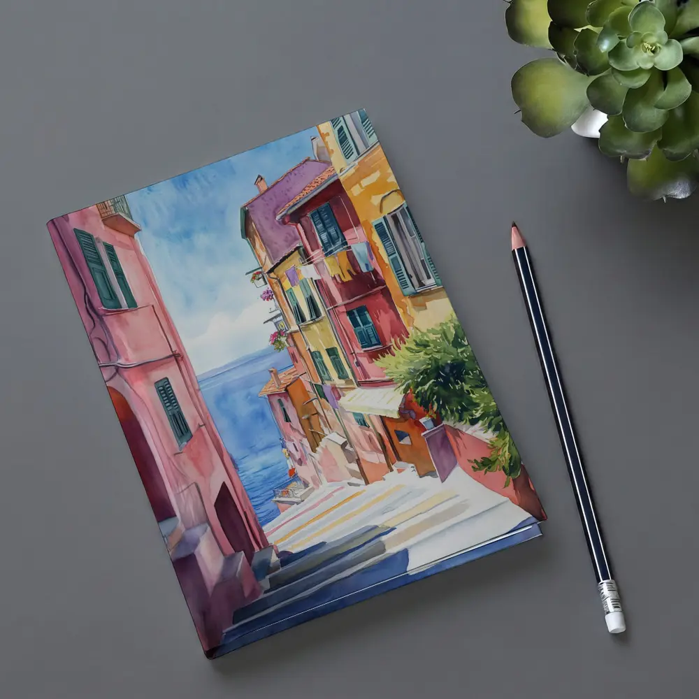 Italian Coastal Village Watercolor Street Scene – Notebooks