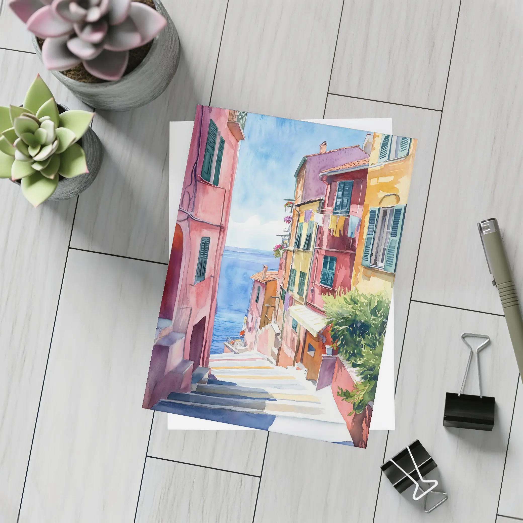 Italian Coastal Village Watercolor Street Scene – Postcards