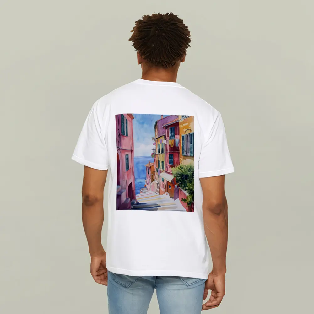 Italian Coastal Village Watercolor Street Scene – T-Shirts