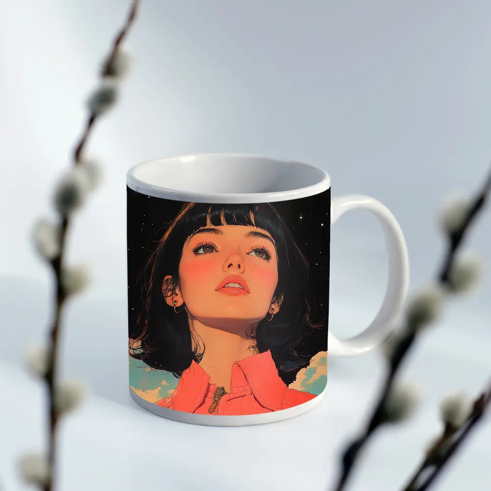 Anime Girl Pink Jacket Starry Night Sky – Mugs