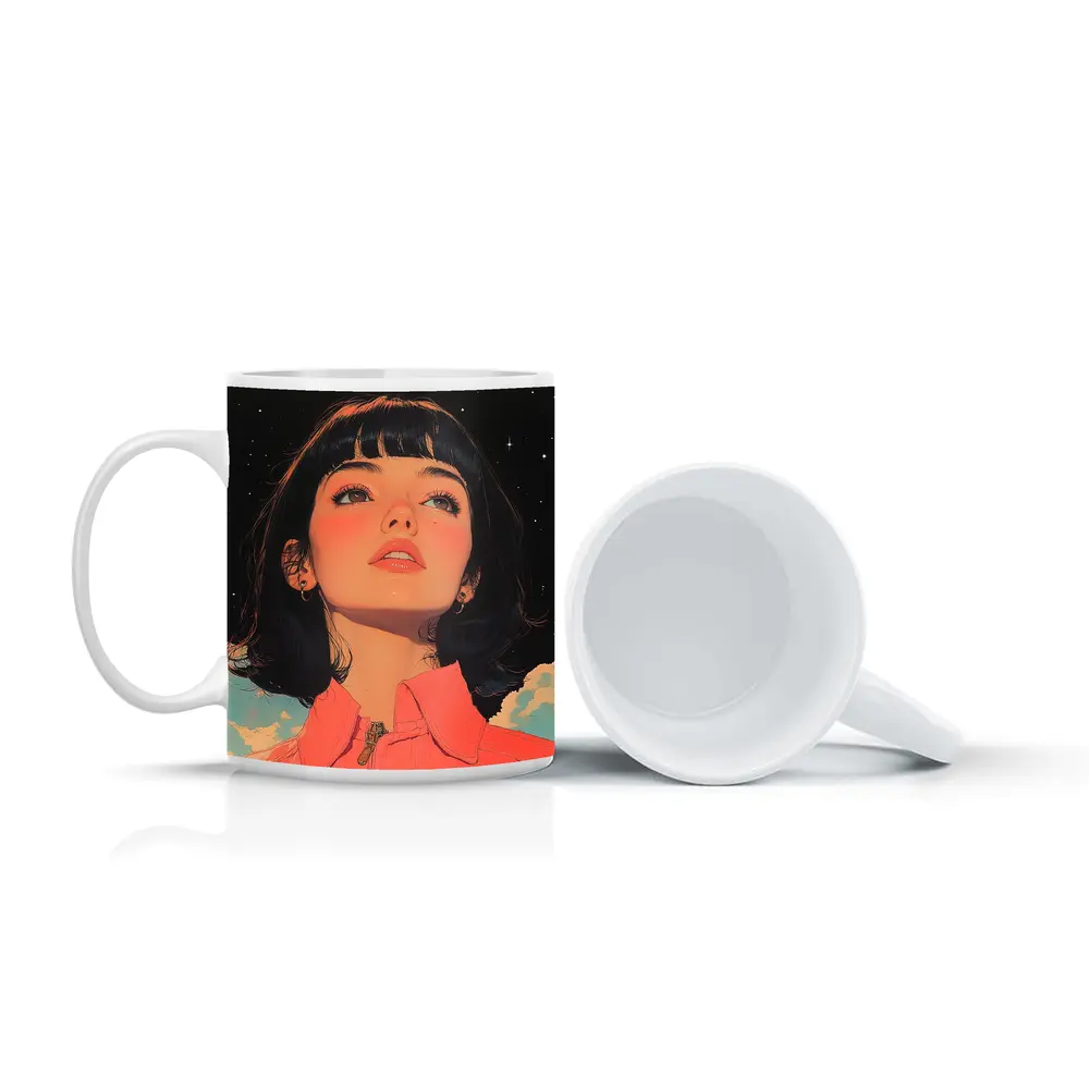 Anime Girl Pink Jacket Starry Night Sky – Mugs