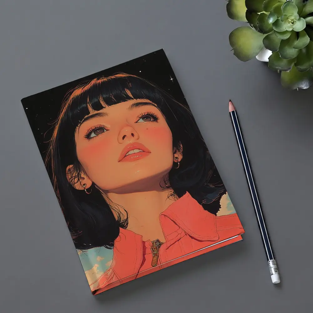 Anime Girl Pink Jacket Starry Night Sky – Notebooks