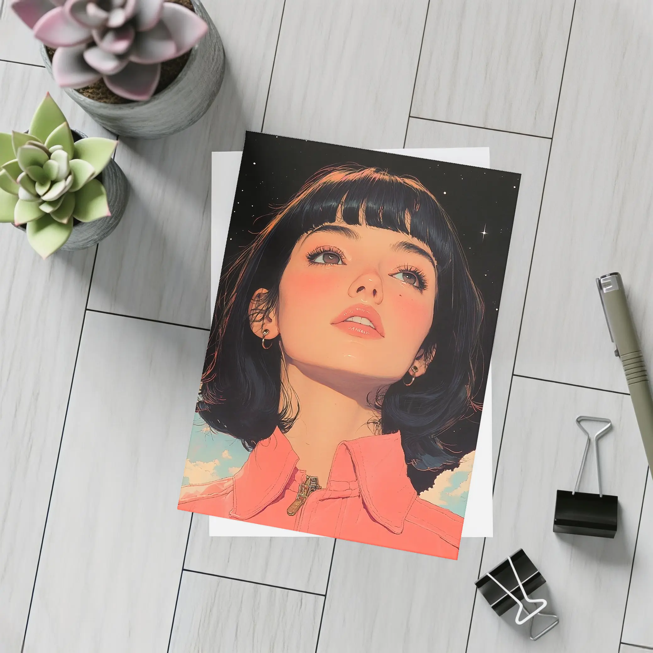 Anime Girl Pink Jacket Starry Night Sky – Postcards