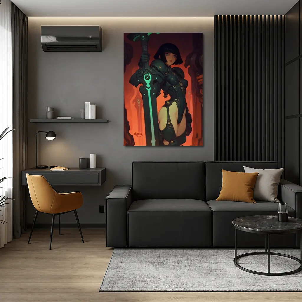 Warrior Woman Dark Mech Armor Glowing Sword – Wall Art