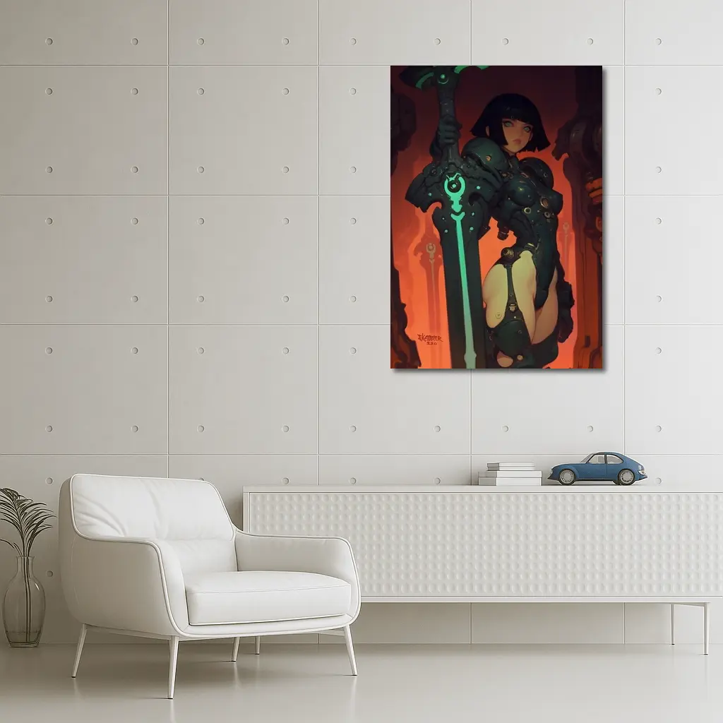 Warrior Woman Dark Mech Armor Glowing Sword – Wall Art