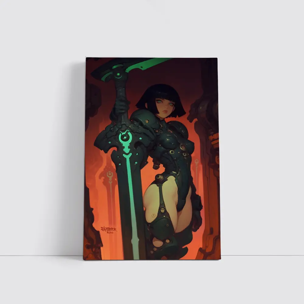 Warrior Woman Dark Mech Armor Glowing Sword – Wall Art