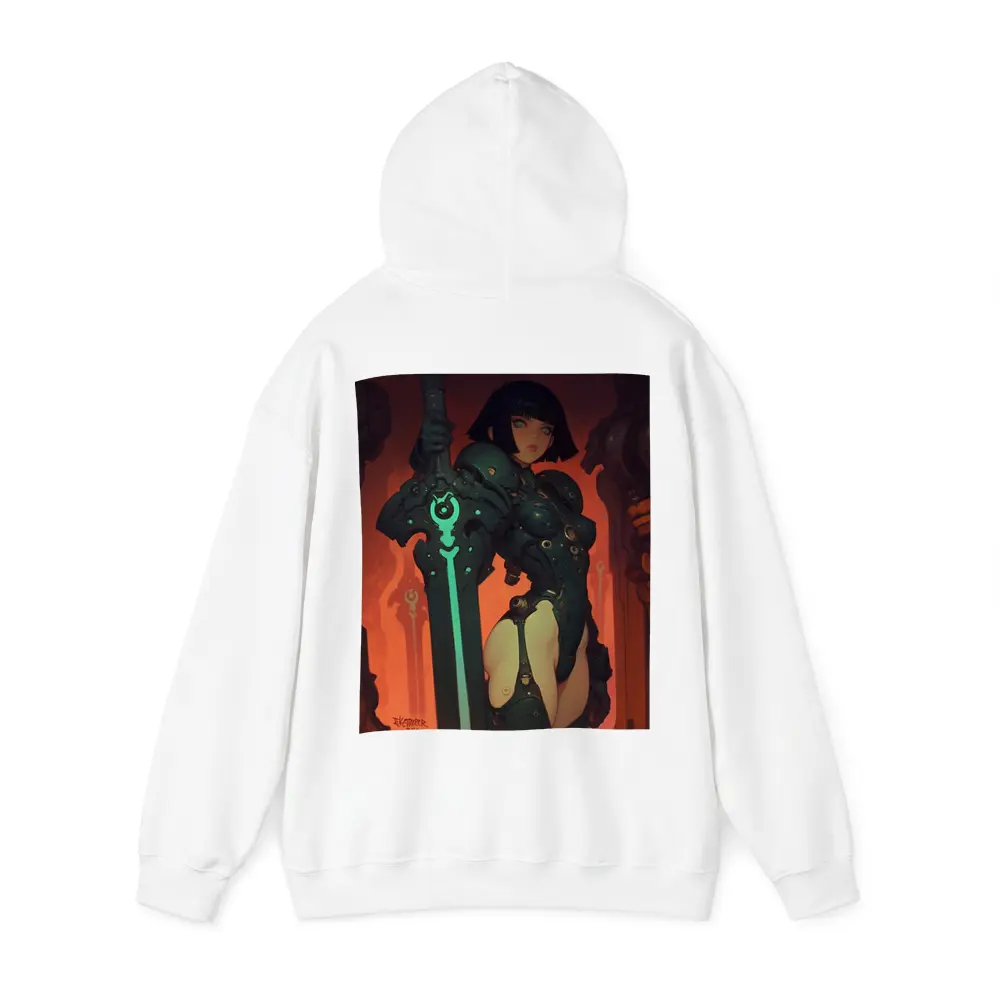 Warrior Woman Dark Mech Armor Glowing Sword – Hoodies