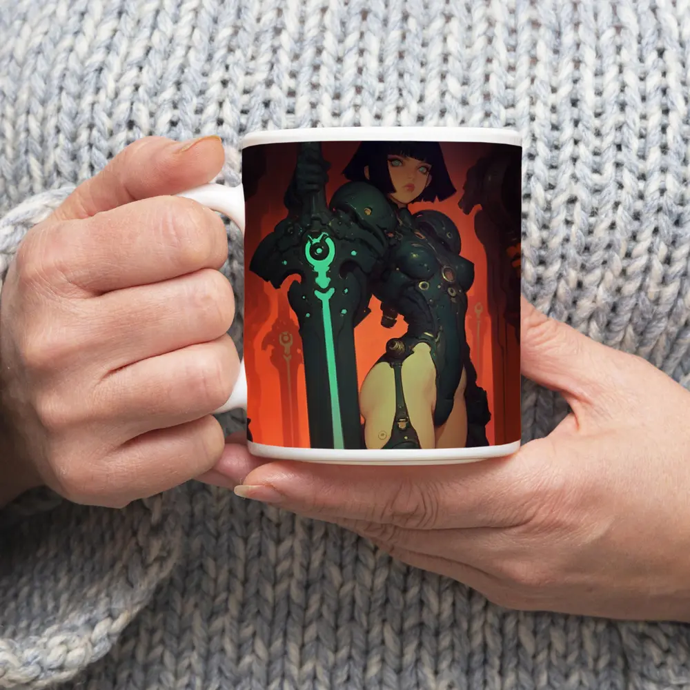 Warrior Woman Dark Mech Armor Glowing Sword – Mugs