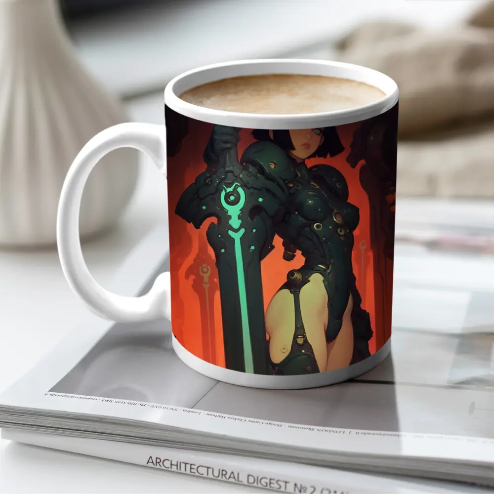 Warrior Woman Dark Mech Armor Glowing Sword – Mugs