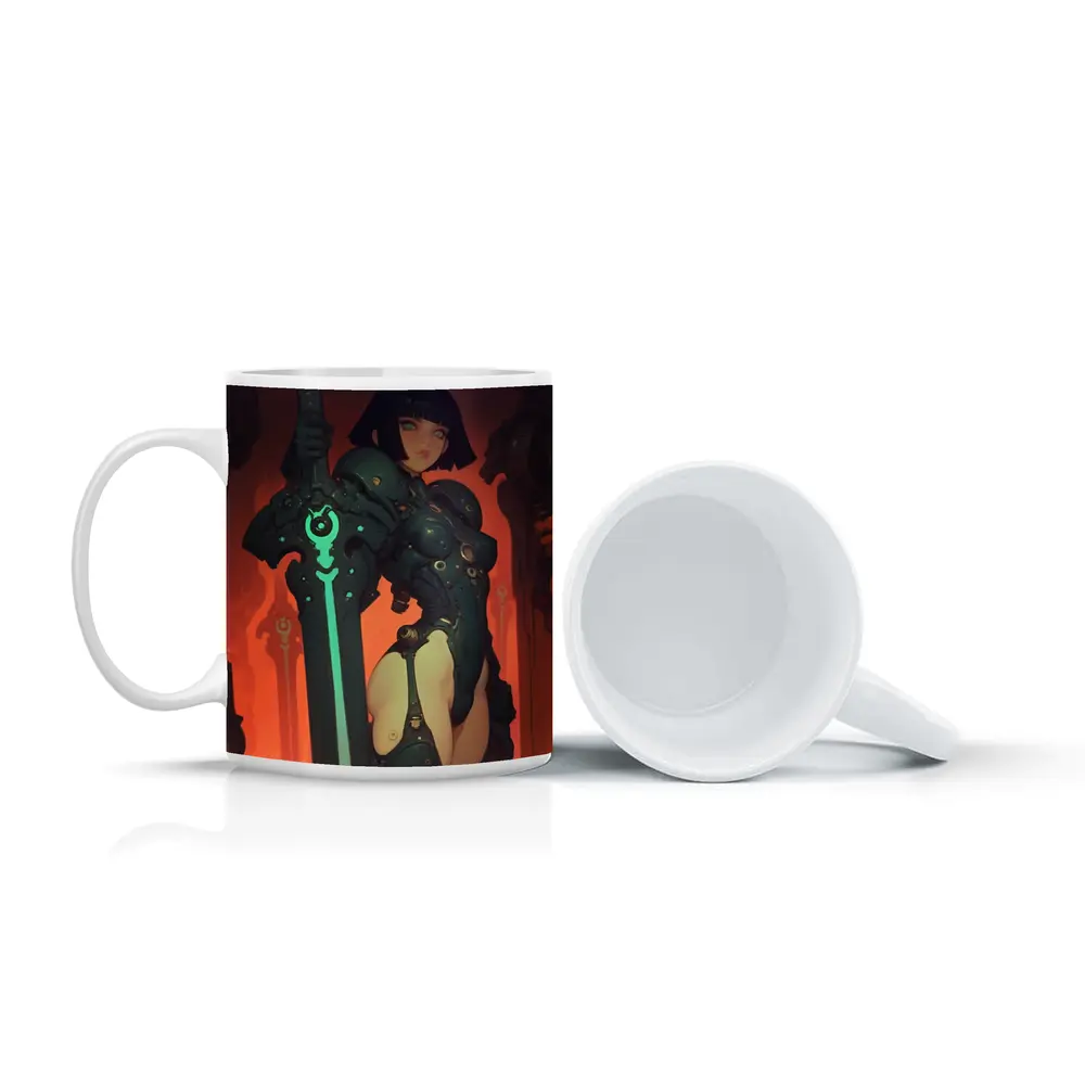 Warrior Woman Dark Mech Armor Glowing Sword – Mugs