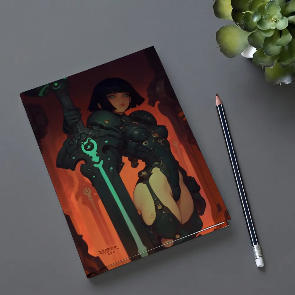 Warrior Woman Dark Mech Armor Glowing Sword – Notebooks