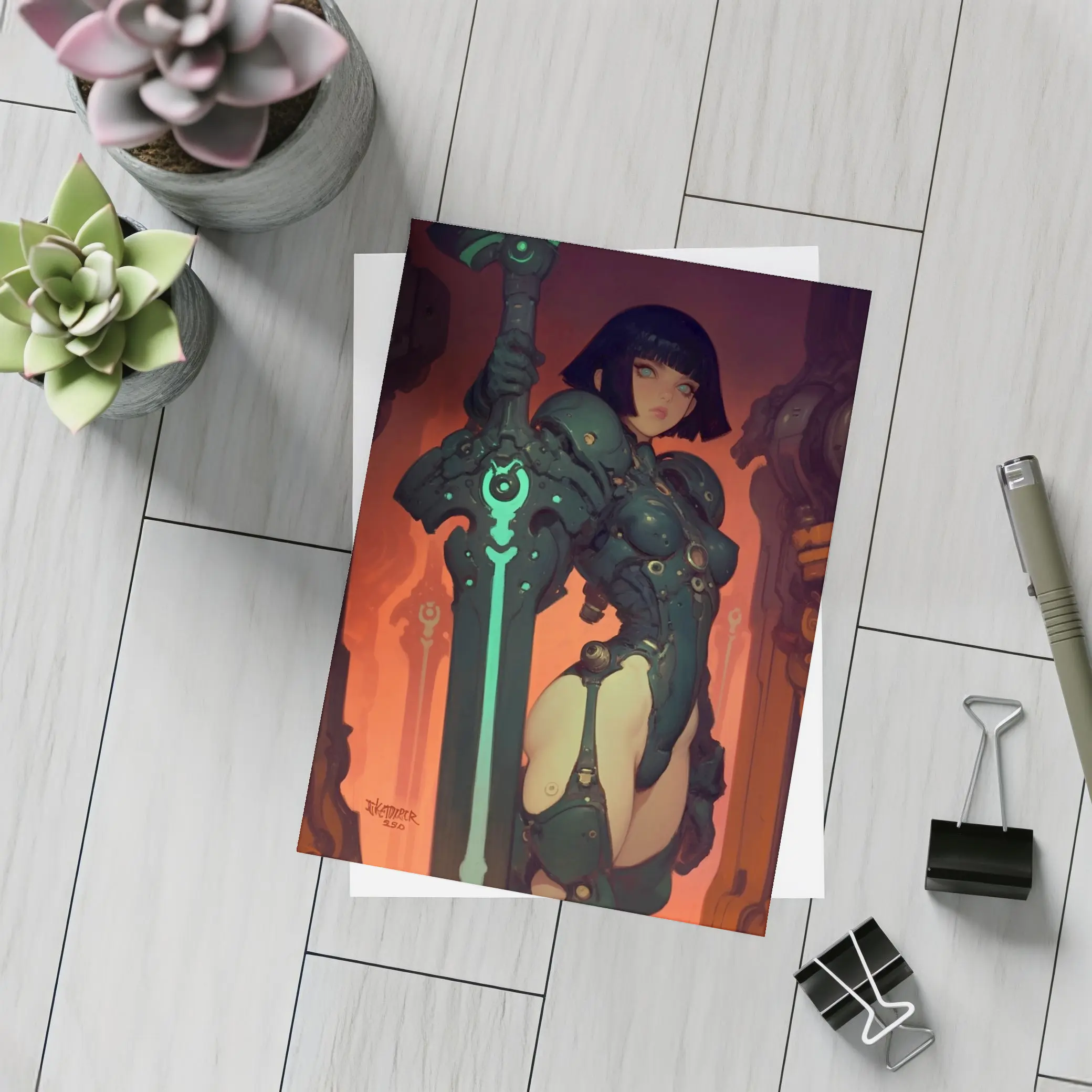 Warrior Woman Dark Mech Armor Glowing Sword – Postcards