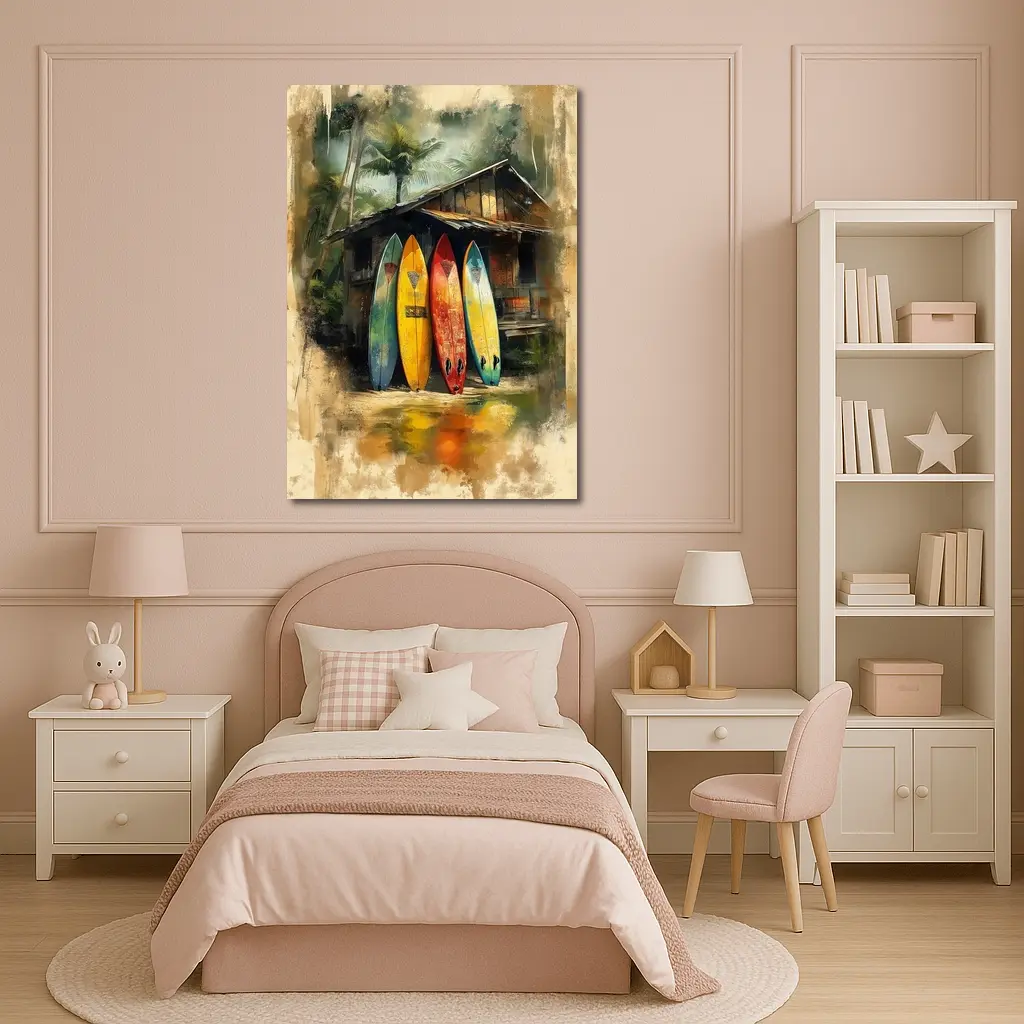 Colorful Surfboards Leaning Against Tropical Shack – Wall Art
