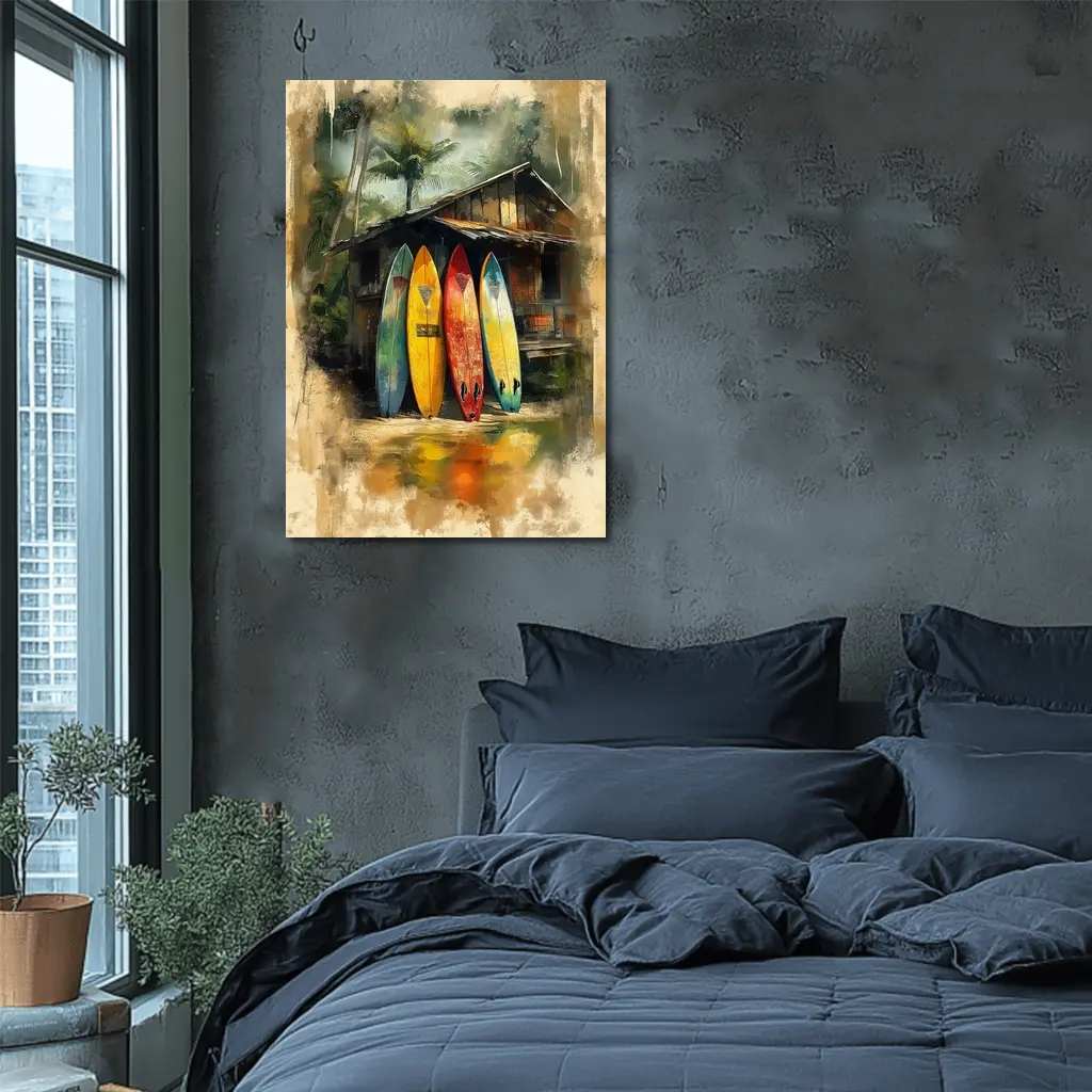 Colorful Surfboards Leaning Against Tropical Shack – Wall Art