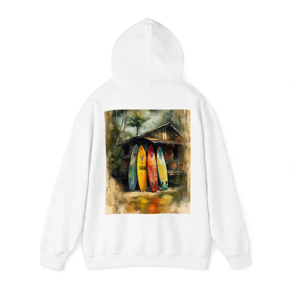 Colorful Surfboards Leaning Against Tropical Shack – Hoodies