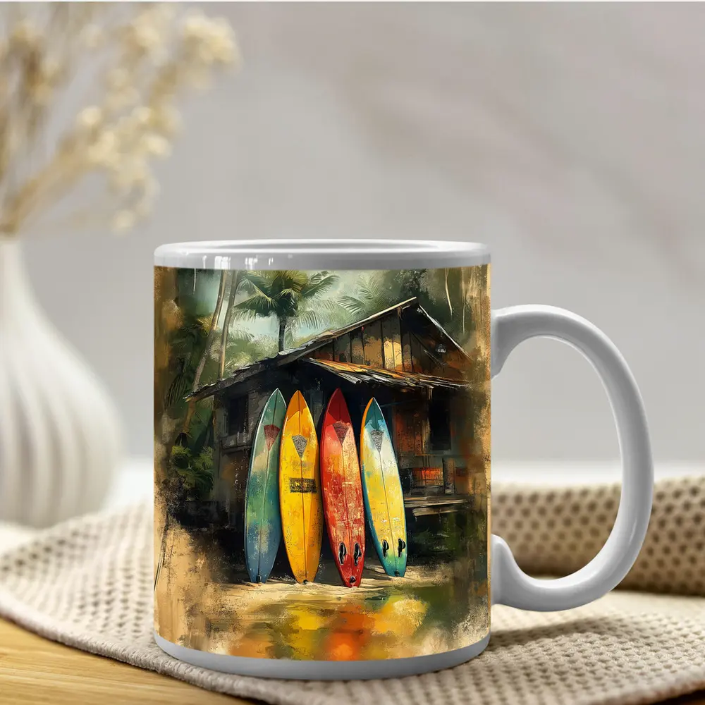 Colorful Surfboards Leaning Against Tropical Shack – Mugs