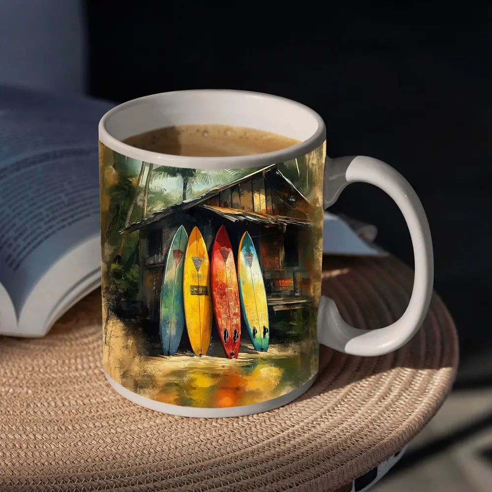 Colorful Surfboards Leaning Against Tropical Shack – Mugs
