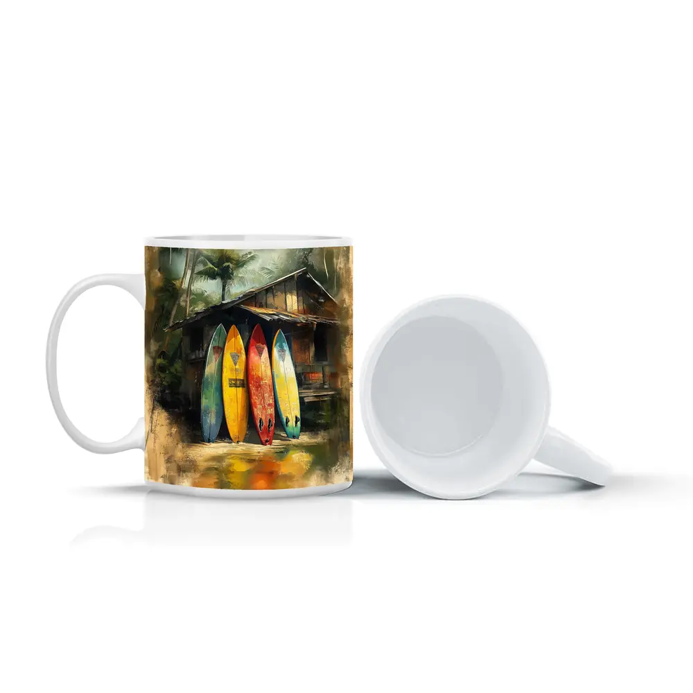Colorful Surfboards Leaning Against Tropical Shack – Mugs