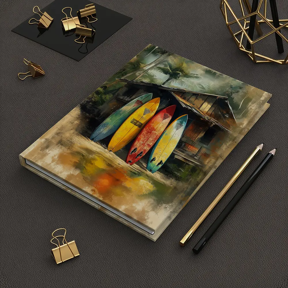 Colorful Surfboards Leaning Against Tropical Shack – Notebooks
