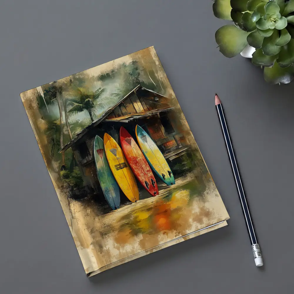 Colorful Surfboards Leaning Against Tropical Shack – Notebooks