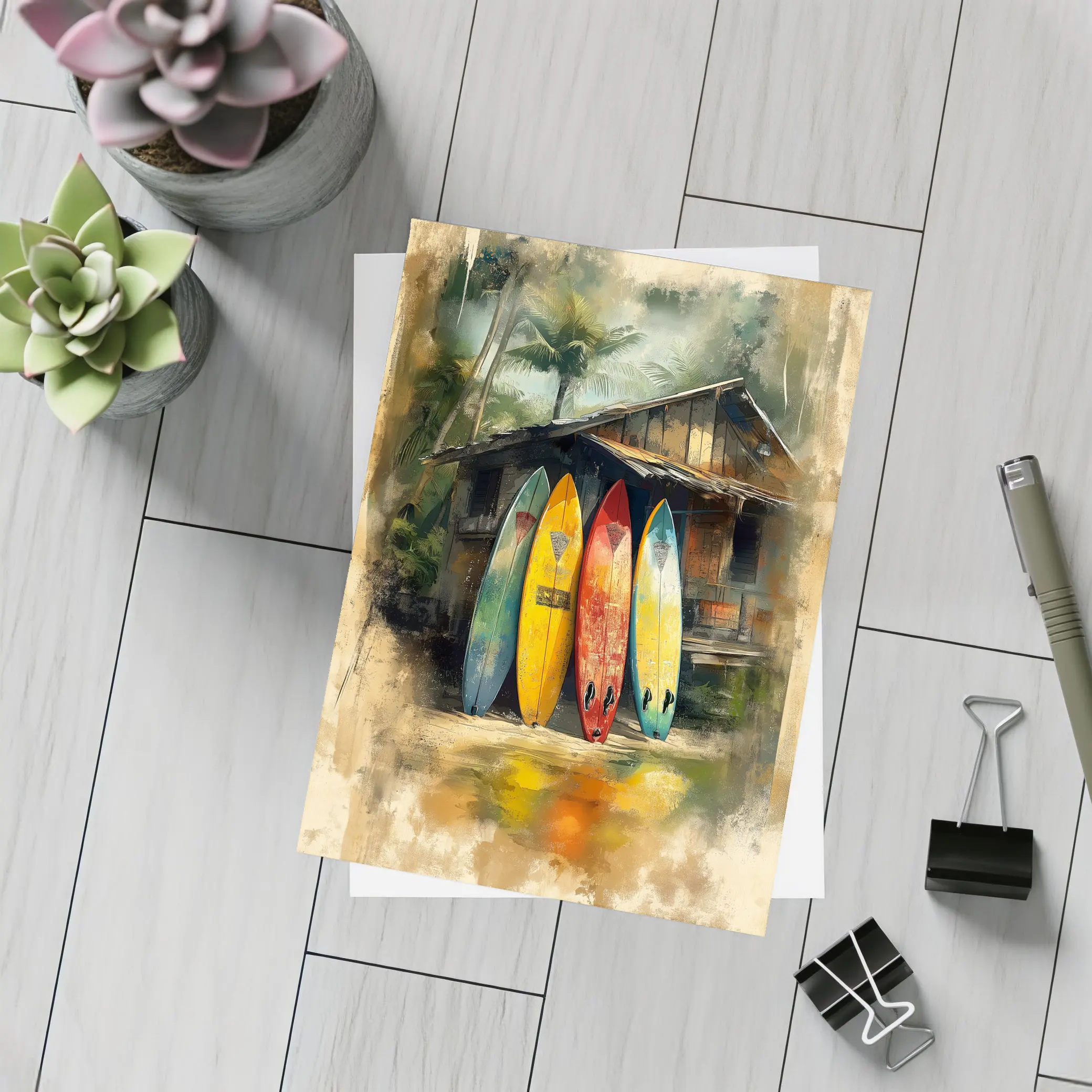 Colorful Surfboards Leaning Against Tropical Shack – Postcards