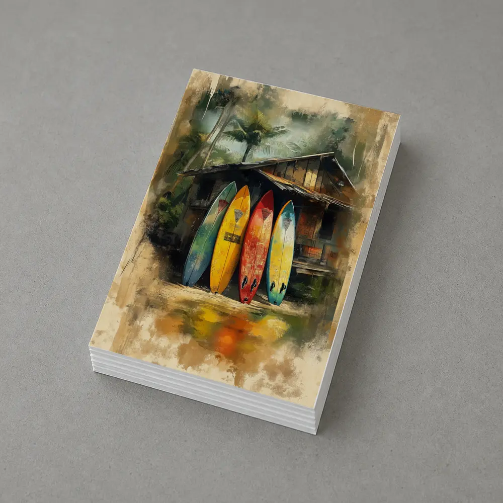 Colorful Surfboards Leaning Against Tropical Shack – Postcards