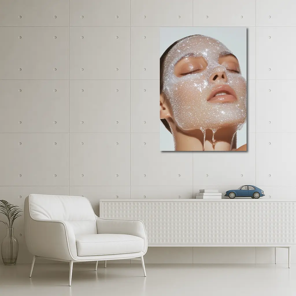 Woman Face Sparkling Foam Skincare White Background – Wall Art