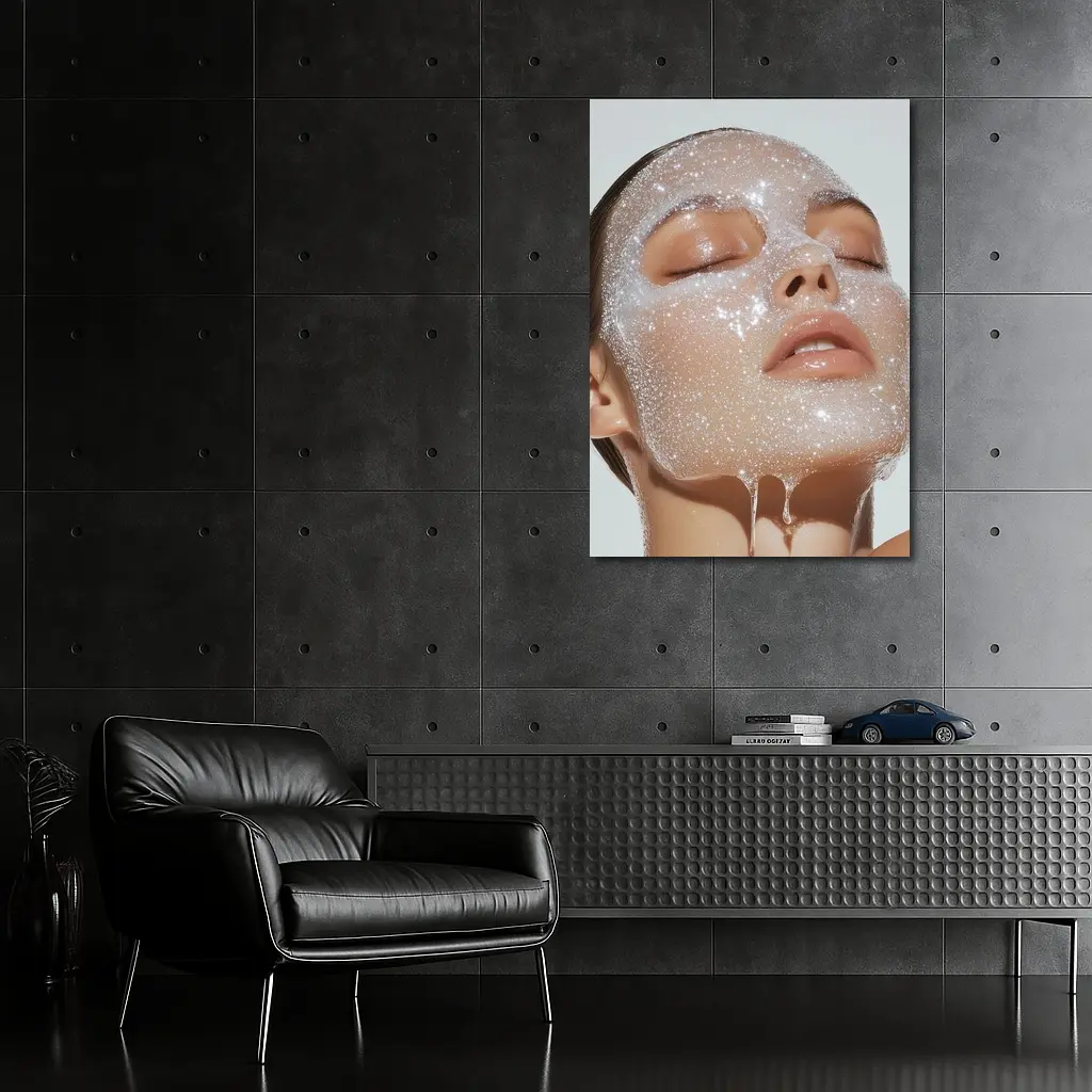 Woman Face Sparkling Foam Skincare White Background – Wall Art